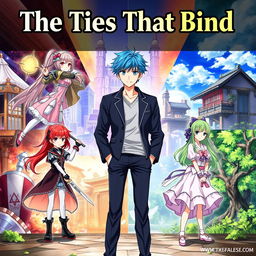 An anime cover illustrating multiple story arcs featuring four distinct characters in each story, all tied together with a central male character representing the conclusion of their journeys