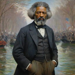 Illustrate Frederick Douglass in robust protest, his figure commanding attention, in Claude Monet's impressionistic style. His presence radiates determination and defiance, while the vibrant crowd and environment further amplify the scene's emotive power.