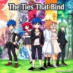 An anime cover illustrating multiple story arcs featuring four distinct characters in each story, all tied together with a central male character representing the conclusion of their journeys