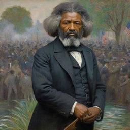 Illustrate Frederick Douglass in robust protest, his figure commanding attention, in Claude Monet's impressionistic style. His presence radiates determination and defiance, while the vibrant crowd and environment further amplify the scene's emotive power.