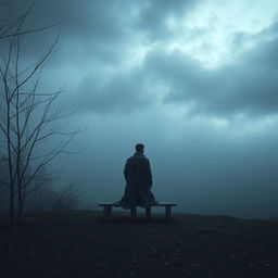 A melancholic scene depicting the concept of "depressiva", showcasing a misty landscape with a lone figure sitting on a bench beneath a dark, cloudy sky