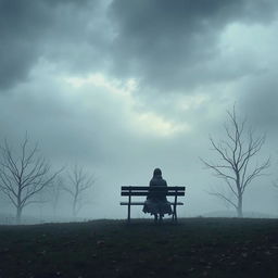 A melancholic scene depicting the concept of "depressiva", showcasing a misty landscape with a lone figure sitting on a bench beneath a dark, cloudy sky