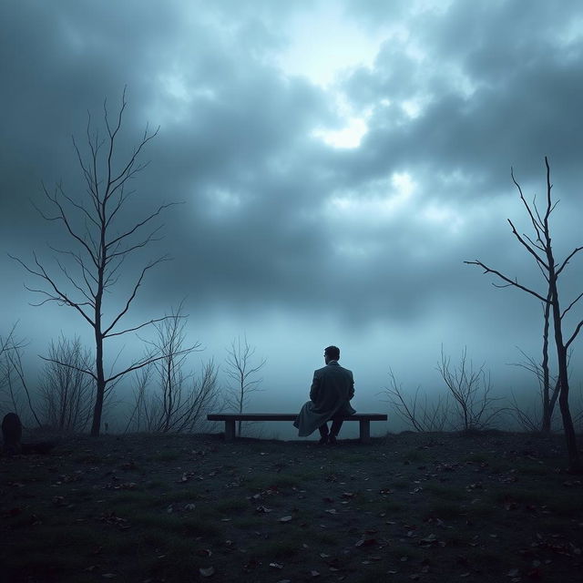 A melancholic scene depicting the concept of "depressiva", showcasing a misty landscape with a lone figure sitting on a bench beneath a dark, cloudy sky