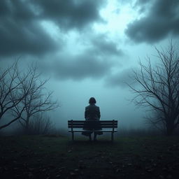 A melancholic scene depicting the concept of "depressiva", showcasing a misty landscape with a lone figure sitting on a bench beneath a dark, cloudy sky