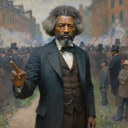 Illustrate Frederick Douglass in robust protest, his figure commanding attention, in Claude Monet's impressionistic style. His presence radiates determination and defiance, while the vibrant crowd and environment further amplify the scene's emotive power.