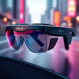 A futuristic technological eyewear designed with an integrated camera and sound features, showcasing sleek lines and a modern aesthetic