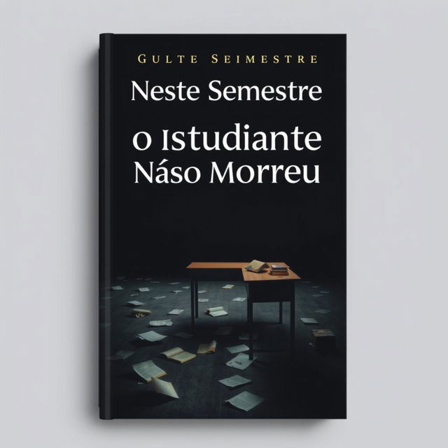 A book cover design featuring a dark and somber atmosphere, depicting a desolate, empty classroom with scattered books and crumpled papers on the floor, dim lighting creating heavy shadows, with a lone, broken desk in the foreground