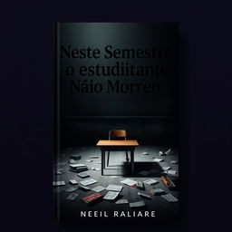 A book cover design featuring a dark and somber atmosphere, depicting a desolate, empty classroom with scattered books and crumpled papers on the floor, dim lighting creating heavy shadows, with a lone, broken desk in the foreground