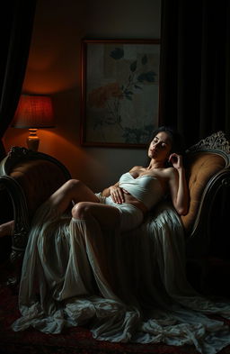 A deeply evocative scene depicting erotic melancholia, featuring a sensuous figure draped in sheer fabrics, lounging elegantly on a vintage chaise lounge