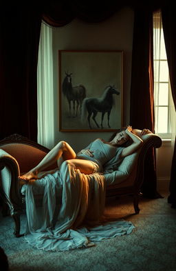 A deeply evocative scene depicting erotic melancholia, featuring a sensuous figure draped in sheer fabrics, lounging elegantly on a vintage chaise lounge