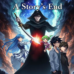 An anime cover illustrating multiple story arcs centered around two male characters and two female characters, each exploring their unique journeys that culminate in different endings