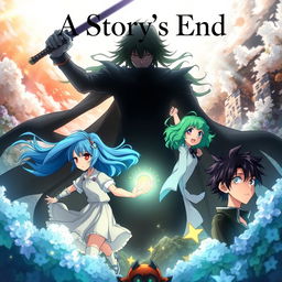 An anime cover illustrating multiple story arcs centered around two male characters and two female characters, each exploring their unique journeys that culminate in different endings
