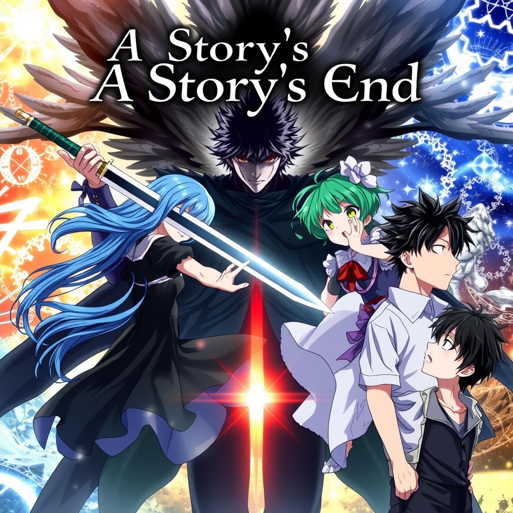 An anime cover illustrating multiple story arcs centered around two male characters and two female characters, each exploring their unique journeys that culminate in different endings