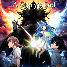 An anime cover illustrating multiple story arcs centered around two male characters and two female characters, each exploring their unique journeys that culminate in different endings