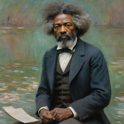 Depict an impassioned Frederick Douglass protesting, his anger visible, in Claude Monet's impressionistic style. His figure dominates the scene, radiating determination and defiance. The vibrant strokes intensify the emotive atmosphere captured in this historical moment.