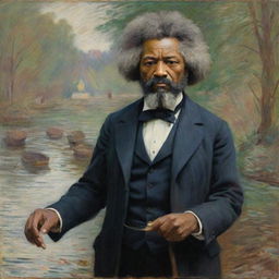 Depict an impassioned Frederick Douglass protesting, his anger visible, in Claude Monet's impressionistic style. His figure dominates the scene, radiating determination and defiance. The vibrant strokes intensify the emotive atmosphere captured in this historical moment.