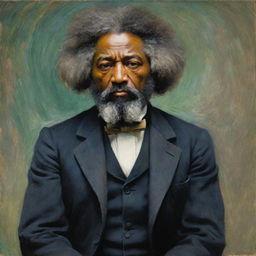 Depict an impassioned Frederick Douglass protesting, his anger visible, in Claude Monet's impressionistic style. His figure dominates the scene, radiating determination and defiance. The vibrant strokes intensify the emotive atmosphere captured in this historical moment.