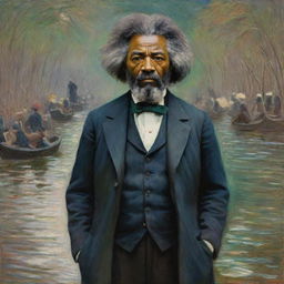 Depict an impassioned Frederick Douglass protesting, his anger visible, in Claude Monet's impressionistic style. His figure dominates the scene, radiating determination and defiance. The vibrant strokes intensify the emotive atmosphere captured in this historical moment.