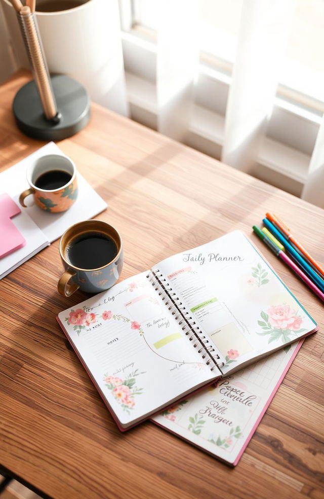 A beautifully designed daily planner spread open on a stylish wooden desk, with elegant calligraphy for the date at the top