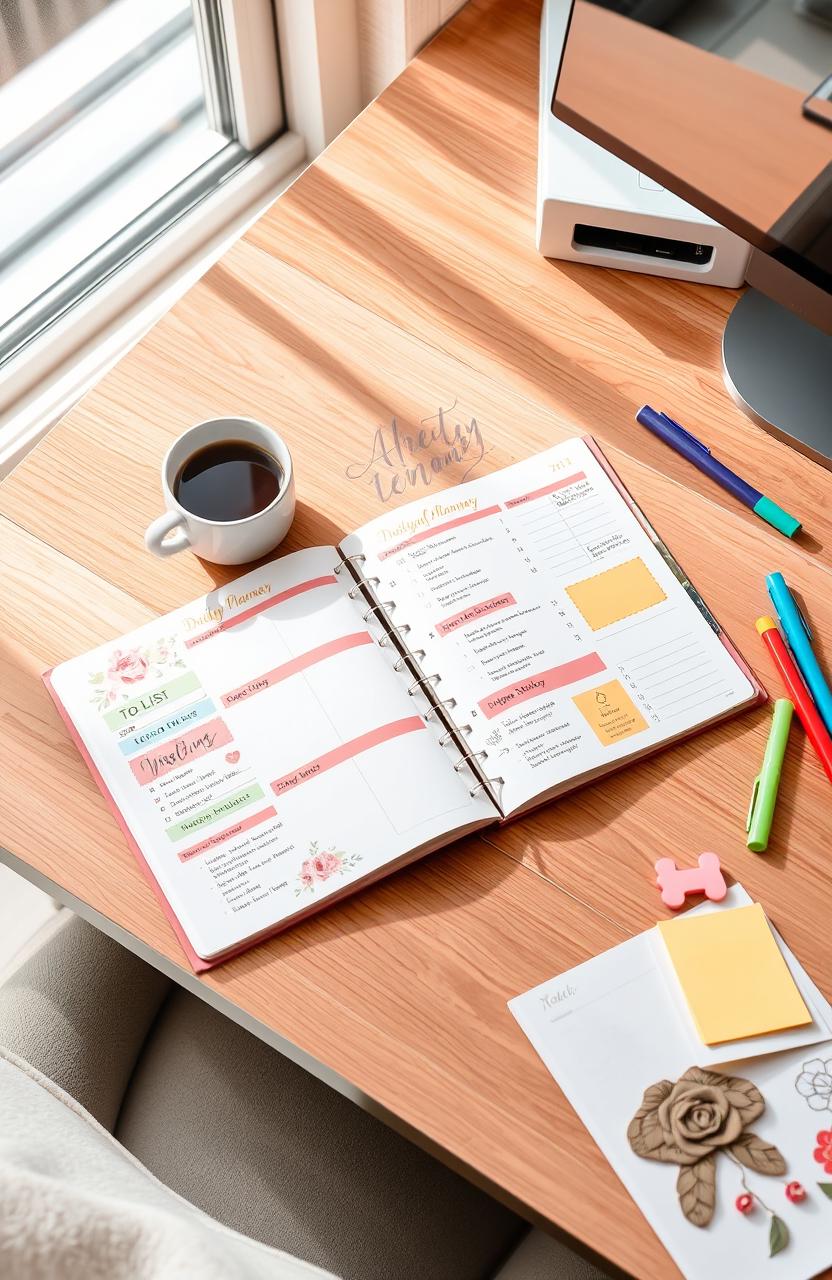 A beautifully designed daily planner spread open on a stylish wooden desk, with elegant calligraphy for the date at the top