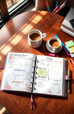 A beautifully designed daily planner spread open on a stylish wooden desk, with elegant calligraphy for the date at the top