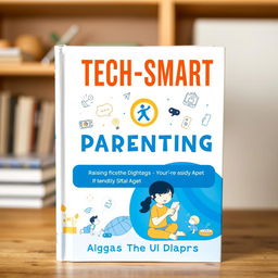 A modern parenting book cover design aimed at adult parents aged 25-45, featuring a vibrant color scheme of white, blue, and orange