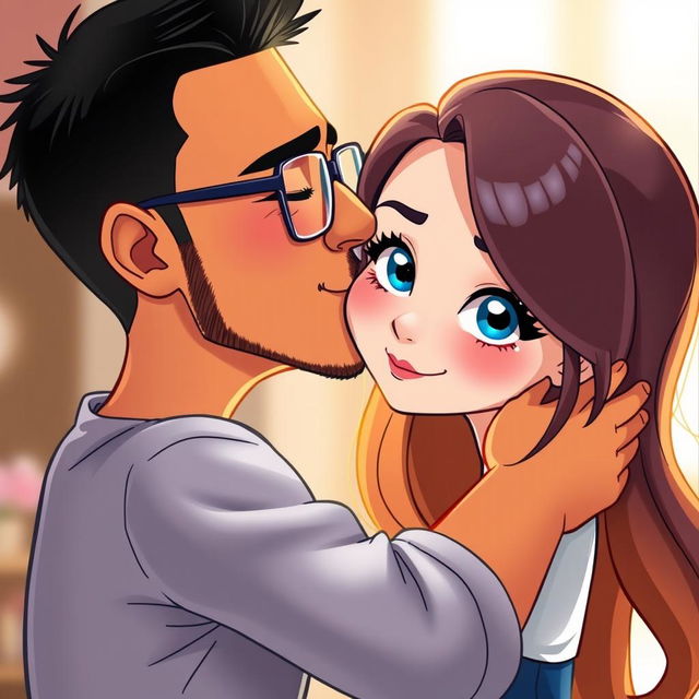 A cartoon depiction of a Latino man with short dark hair and stubble, wearing prescription glasses, passionately kissing a white girl with long dark golden hair and bright blue eyes