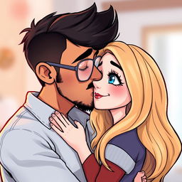 A cartoon depiction of a Latino man with short dark hair and stubble, wearing prescription glasses, passionately kissing a white girl with long dark golden hair and bright blue eyes