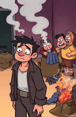 A comedic scene featuring a character named Bayi who appears bewildered and disheveled, standing in the foreground while looking around in confusion