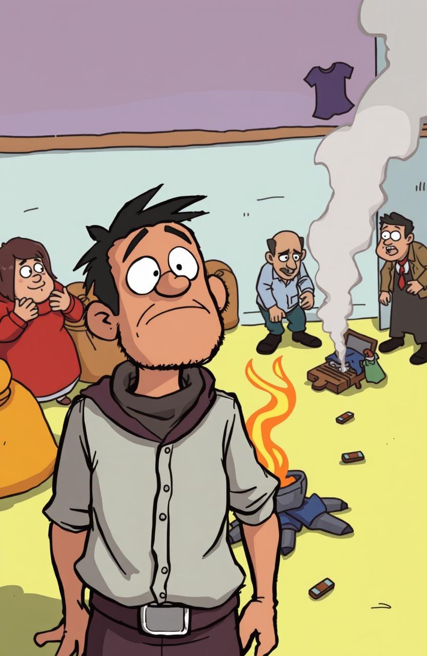 A comedic scene featuring a character named Bayi who appears bewildered and disheveled, standing in the foreground while looking around in confusion