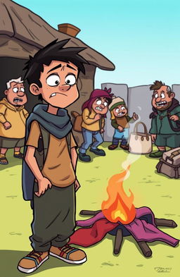 A comedic scene featuring a character named Bayi who appears bewildered and disheveled, standing in the foreground while looking around in confusion