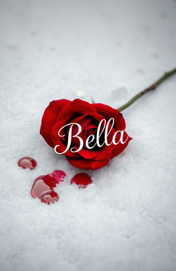 A striking red thorny rose lying on a bed of freshly fallen white snow, with vivid drops of blood splattered around it