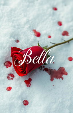 A striking red thorny rose lying on a bed of freshly fallen white snow, with vivid drops of blood splattered around it