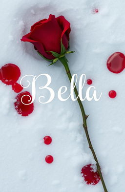 A striking red thorny rose lying on a bed of freshly fallen white snow, with vivid drops of blood splattered around it