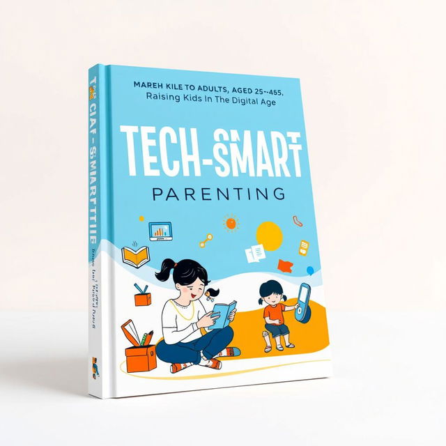 An eye-catching parenting book cover design aimed at adults aged 25-45, featuring a vibrant color scheme of white, blue, and orange