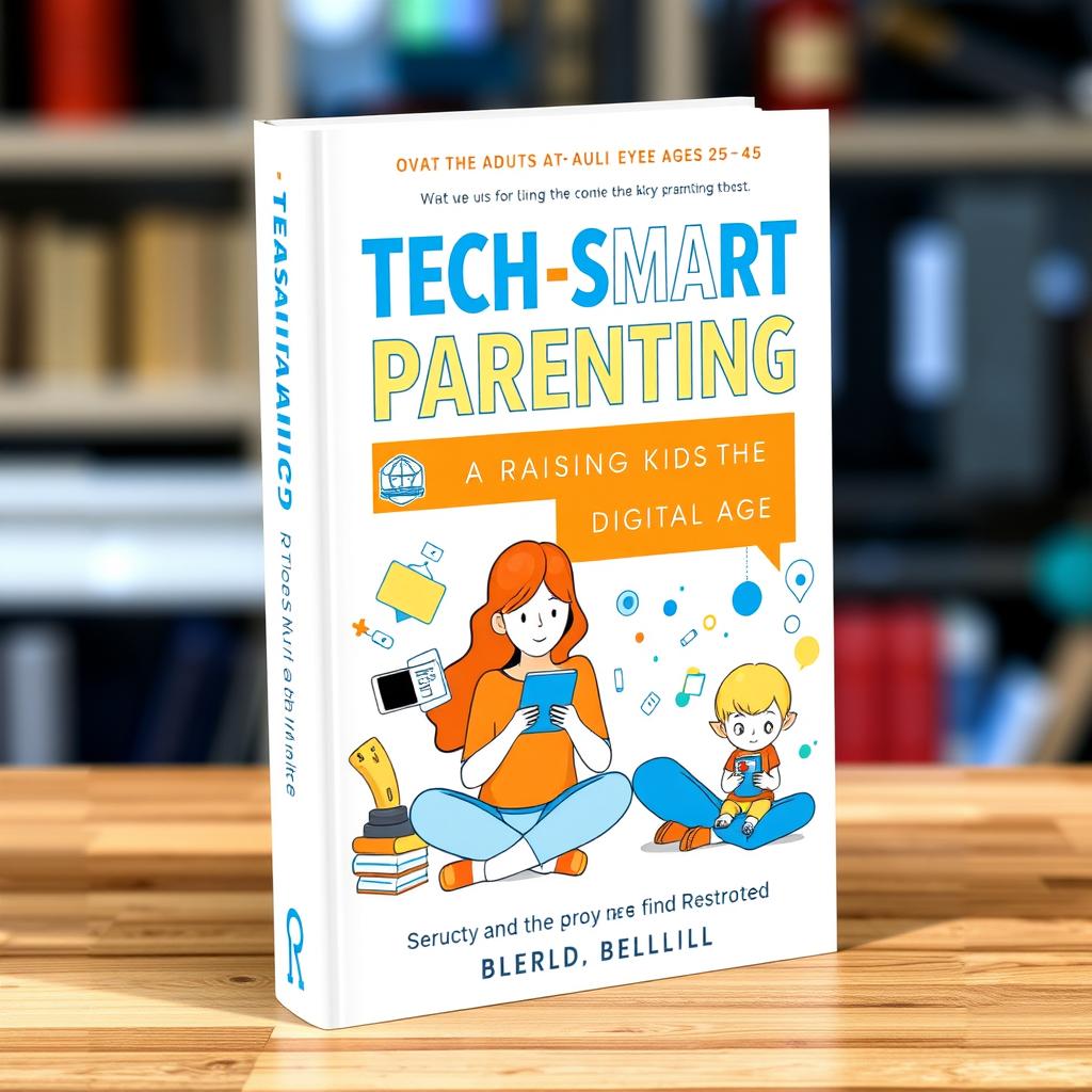 An eye-catching parenting book cover design aimed at adults aged 25-45, featuring a vibrant color scheme of white, blue, and orange