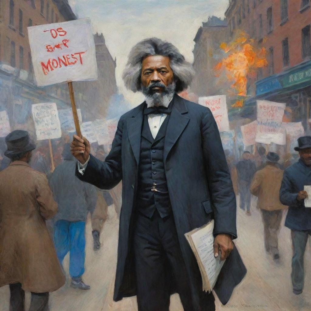 In the style of Claude Monet, illustrate an incensed Frederick Douglass protesting on the streets with signs. Emphasize his intensity and passion with vibrant, dynamic strokes, creating a powerful scene rich with social significance and historic context.