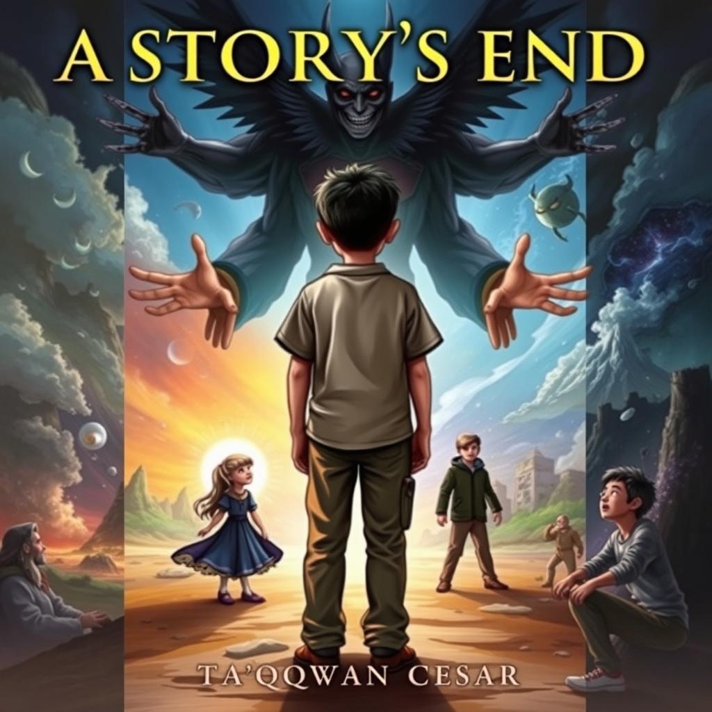 The cover of the book titled 'A Story's End' by Ta'qwan Ceasar, featuring a central boy standing with his back turned, exhibiting an emotionless glance