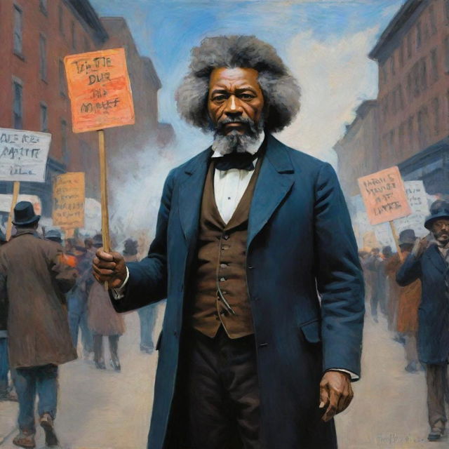 In the style of Claude Monet, illustrate an incensed Frederick Douglass protesting on the streets with signs. Emphasize his intensity and passion with vibrant, dynamic strokes, creating a powerful scene rich with social significance and historic context.