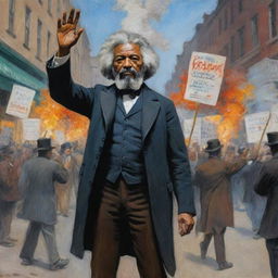 In the style of Claude Monet, illustrate an incensed Frederick Douglass protesting on the streets with signs. Emphasize his intensity and passion with vibrant, dynamic strokes, creating a powerful scene rich with social significance and historic context.