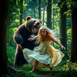 A dramatic scene depicting a fierce brown bear attacking a blonde woman in a dense forest, showcasing vivid details of the surroundings including tall trees, lush green foliage, and dappled sunlight filtering through the leaves