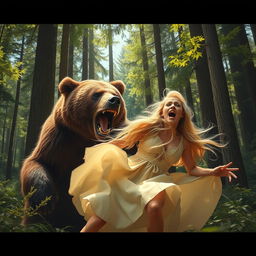 A dramatic scene depicting a fierce brown bear attacking a blonde woman in a dense forest, showcasing vivid details of the surroundings including tall trees, lush green foliage, and dappled sunlight filtering through the leaves