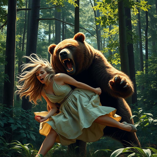 A dramatic scene depicting a fierce brown bear attacking a blonde woman in a dense forest, showcasing vivid details of the surroundings including tall trees, lush green foliage, and dappled sunlight filtering through the leaves