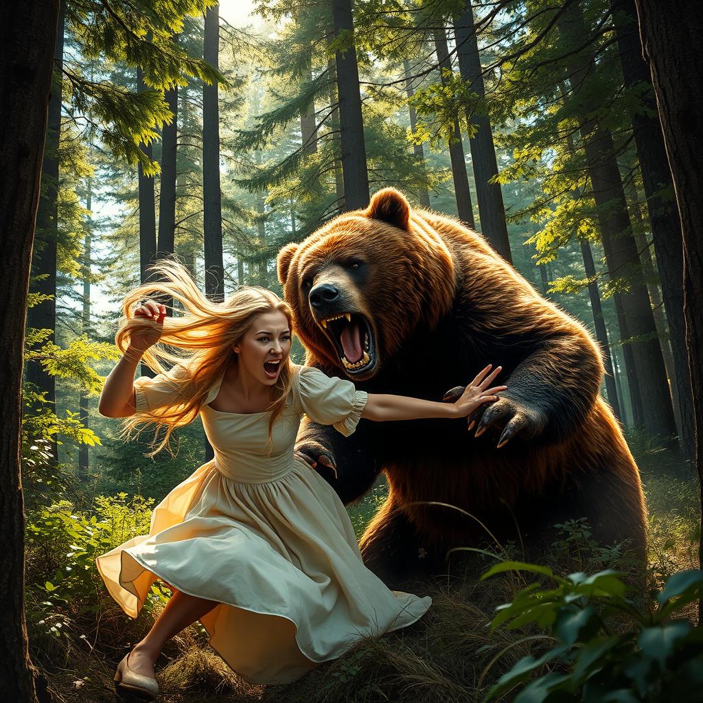 A dramatic scene depicting a fierce brown bear attacking a blonde woman in a dense forest, showcasing vivid details of the surroundings including tall trees, lush green foliage, and dappled sunlight filtering through the leaves