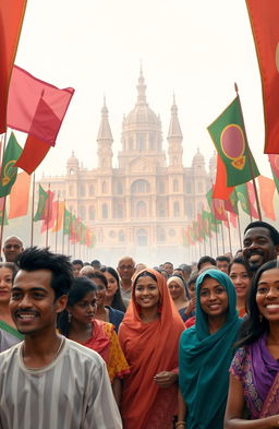 In the foreground, a diverse group of common people, men and women of various ages and ethnicities, are gathered, smiling and looking appreciative, representing their support for the character Afanti