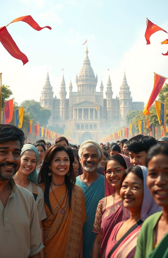 In the foreground, a diverse group of common people, men and women of various ages and ethnicities, are gathered, smiling and looking appreciative, representing their support for the character Afanti