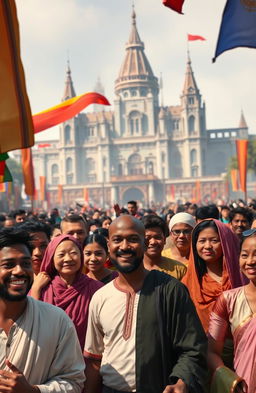 In the foreground, a diverse group of common people, men and women of various ages and ethnicities, are gathered, smiling and looking appreciative, representing their support for the character Afanti
