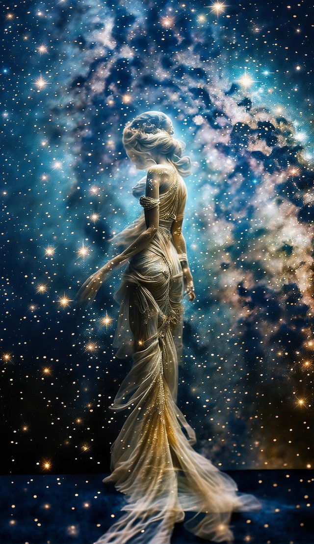 Double exposure photograph of a stardust goddess walking across the Milky Way in a long gown with gold embroidery, captured in 36k resolution with intricate detail and unfiltered.