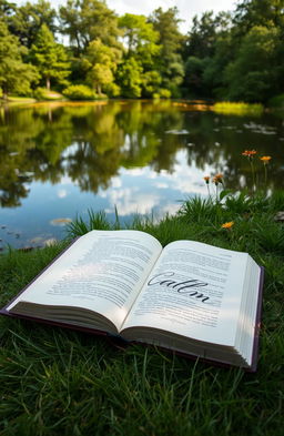 A serene nature scene featuring a tranquil lake surrounded by lush green trees and vibrant wildflowers