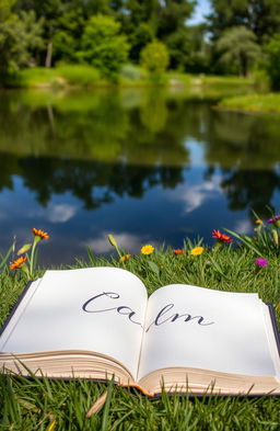 A serene nature scene featuring a tranquil lake surrounded by lush green trees and vibrant wildflowers